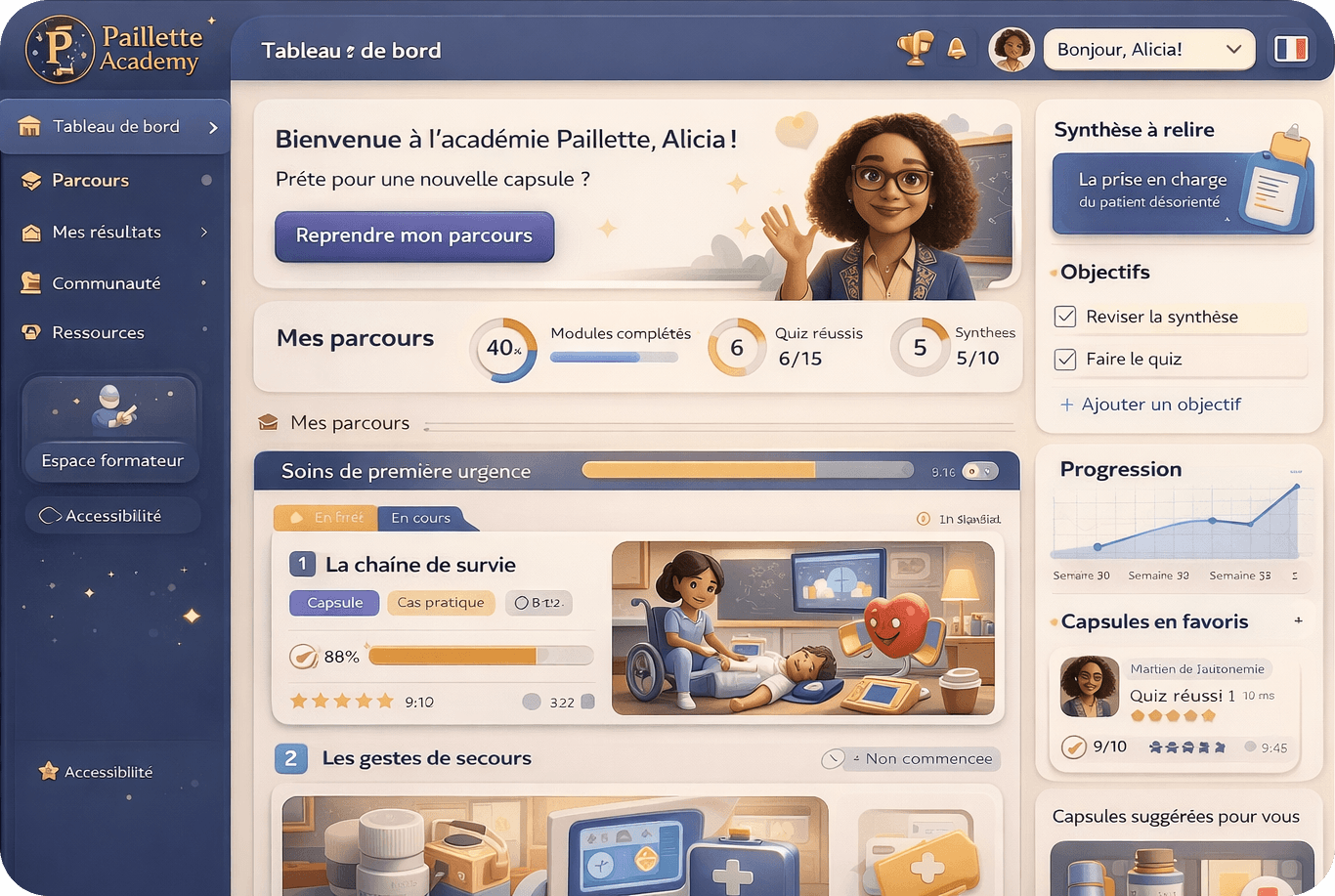 Aperçu du dashboard Paillette Academy - LMS pour formation médico-social avec capsules pédagogiques 3D